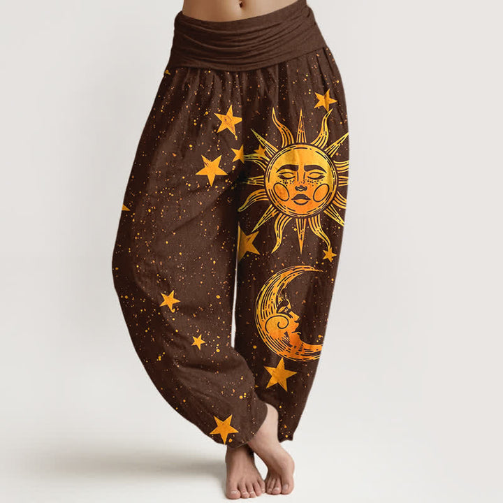 Buddha Stones Baumwoll-Haremshose mit goldenem Sonnensternmuster und elastischem Bund für Damen - Sattelbraun - US16, UK/AU20, EU48 (3XL) - image 8