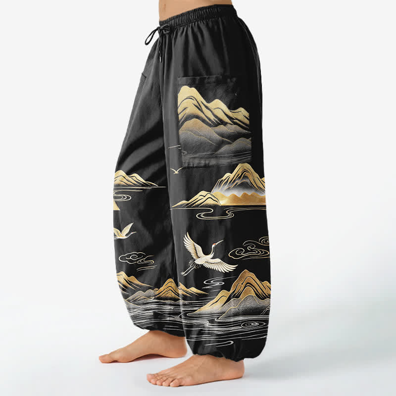 Buddha Stones Baumwoll-Haremshose für Damen mit Kranichmuster, elastischem Bund und Seitentaschen - image 1
