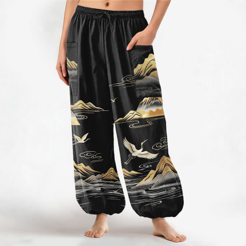 Buddha Stones Baumwoll-Haremshose für Damen mit Kranichmuster, elastischem Bund und Seitentaschen - Schwarz - US16, UK/AU20, EU48 (3XL) - image 0