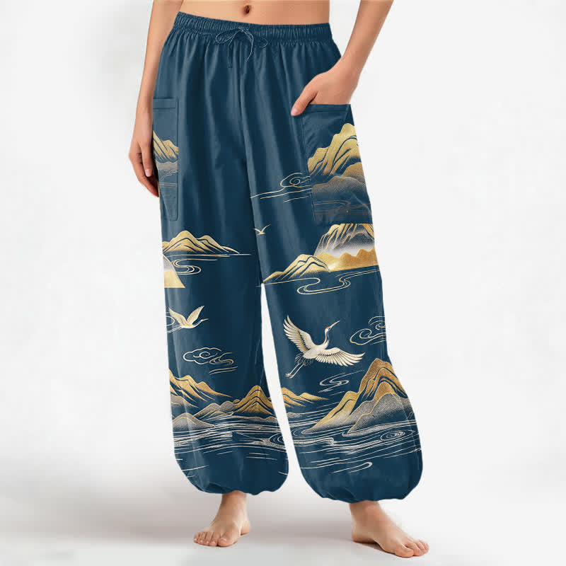 Buddha Stones Baumwoll-Haremshose für Damen mit Kranichmuster, elastischem Bund und Seitentaschen - SteelBlue - US16, UK/AU20, EU48 (3XL) - image 7