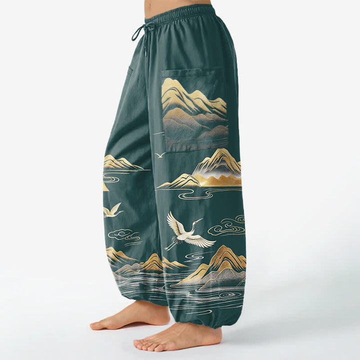 Buddha Stones Baumwoll-Haremshose für Damen mit Kranichmuster, elastischem Bund und Seitentaschen - image 11