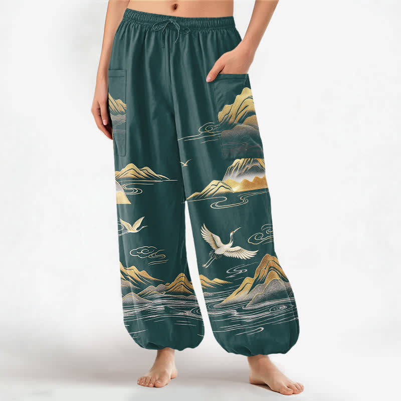 Buddha Stones Baumwoll-Haremshose für Damen mit Kranichmuster, elastischem Bund und Seitentaschen - Türkis - US16, UK/AU20, EU48 (3XL) - image 10