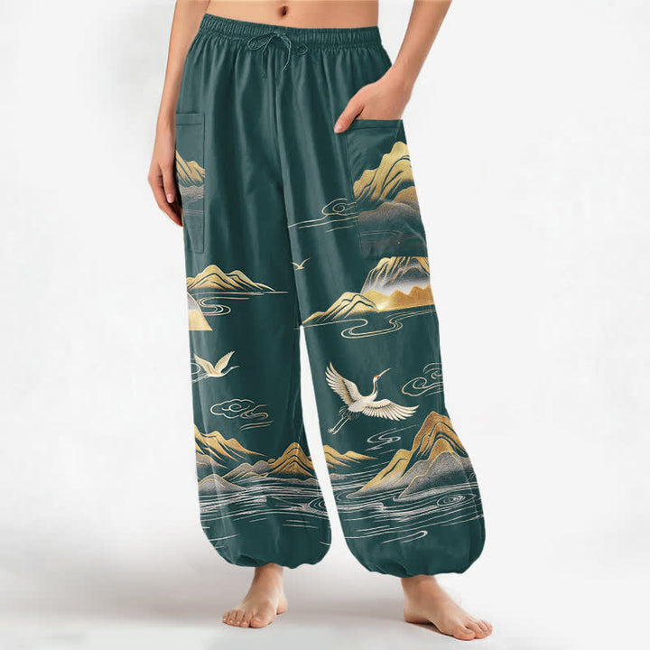 Buddha Stones Baumwoll-Haremshose für Damen mit Kranichmuster, elastischem Bund und Seitentaschen - Türkis - US16, UK/AU20, EU48 (3XL) - image 10