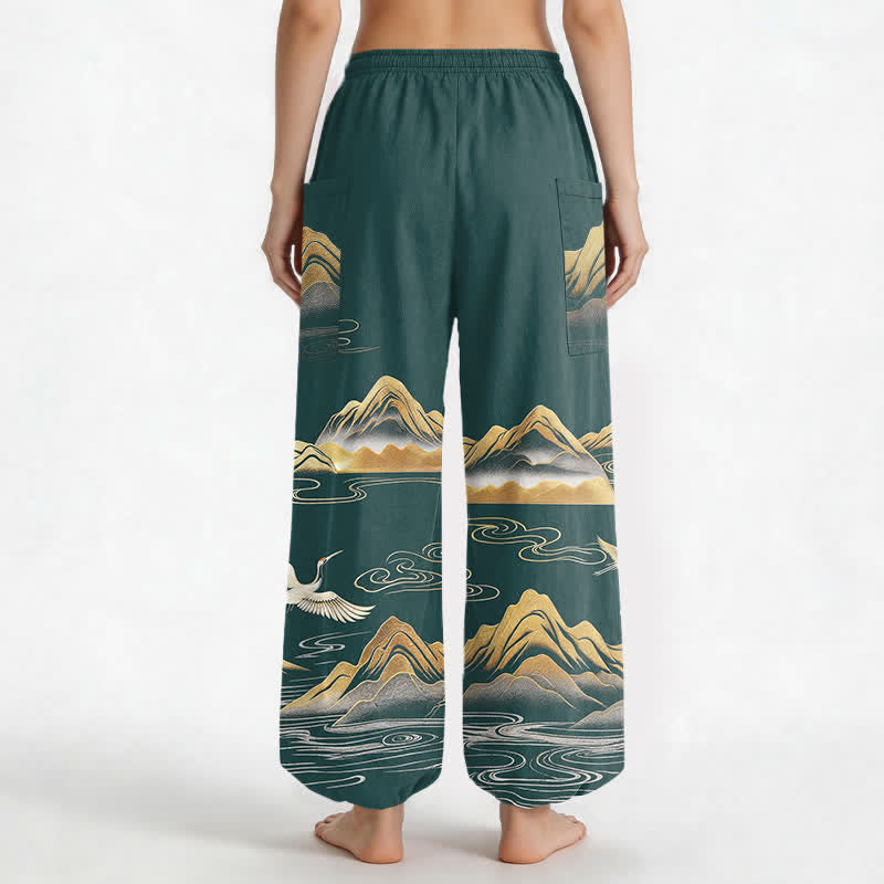 Buddha Stones Baumwoll-Haremshose für Damen mit Kranichmuster, elastischem Bund und Seitentaschen - image 12
