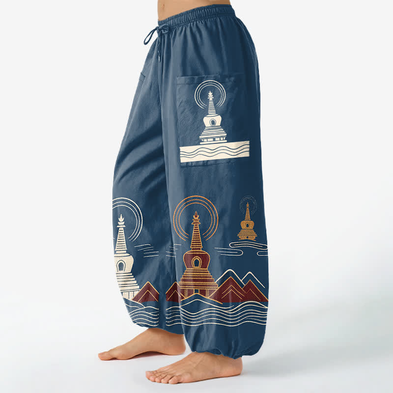 Buddha Stones Baumwoll-Haremshose im Vintage-Pagodenmuster für Damen mit elastischem Bund und Seitentaschen - image 1