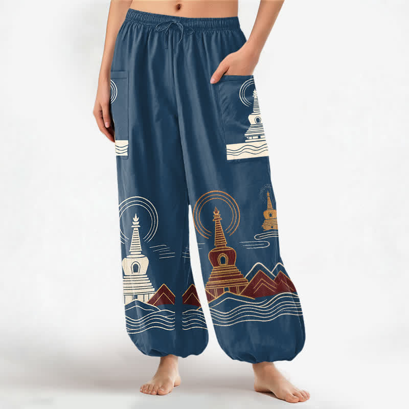 Buddha Stones Baumwoll-Haremshose im Vintage-Pagodenmuster für Damen mit elastischem Bund und Seitentaschen - SteelBlue - US16, UK/AU20, EU48 (3XL) - image 0