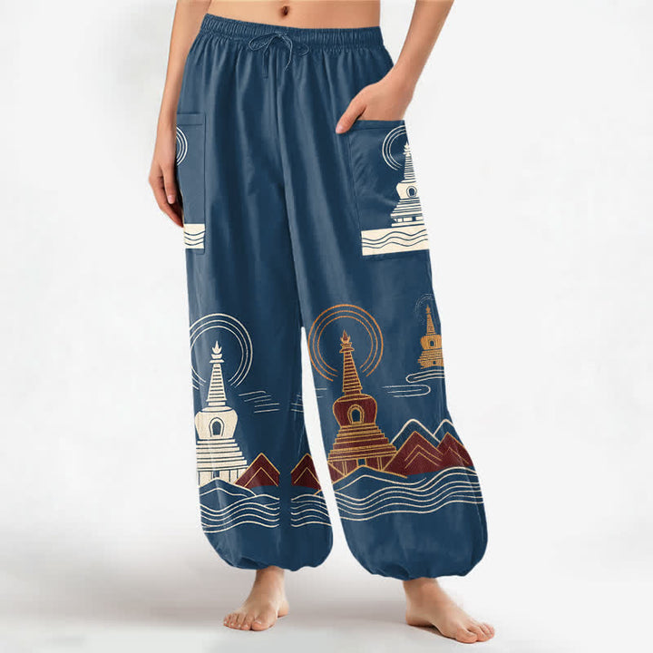 Buddha Stones Baumwoll-Haremshose im Vintage-Pagodenmuster für Damen mit elastischem Bund und Seitentaschen - SteelBlue - US16, UK/AU20, EU48 (3XL) - image 0