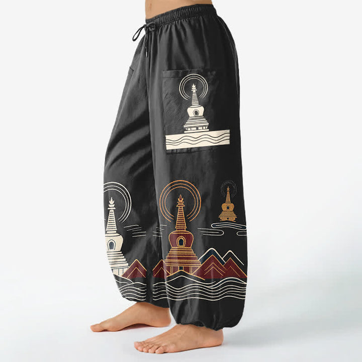 Buddha Stones Baumwoll-Haremshose im Vintage-Pagodenmuster für Damen mit elastischem Bund und Seitentaschen - image 8