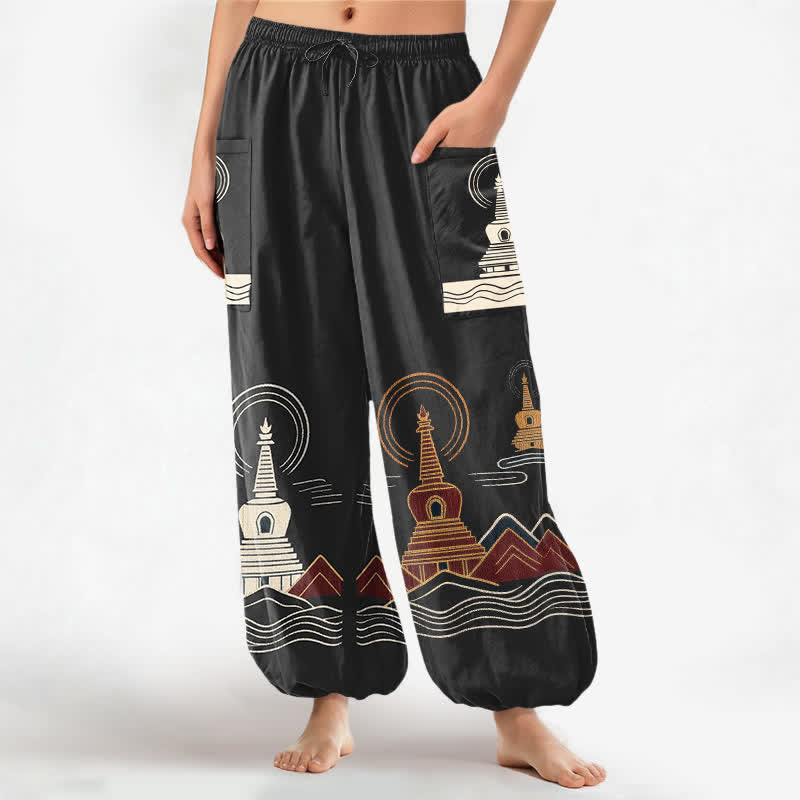 Buddha Stones Baumwoll-Haremshose im Vintage-Pagodenmuster für Damen mit elastischem Bund und Seitentaschen - Schwarz - US16, UK/AU20, EU48 (3XL) - image 7