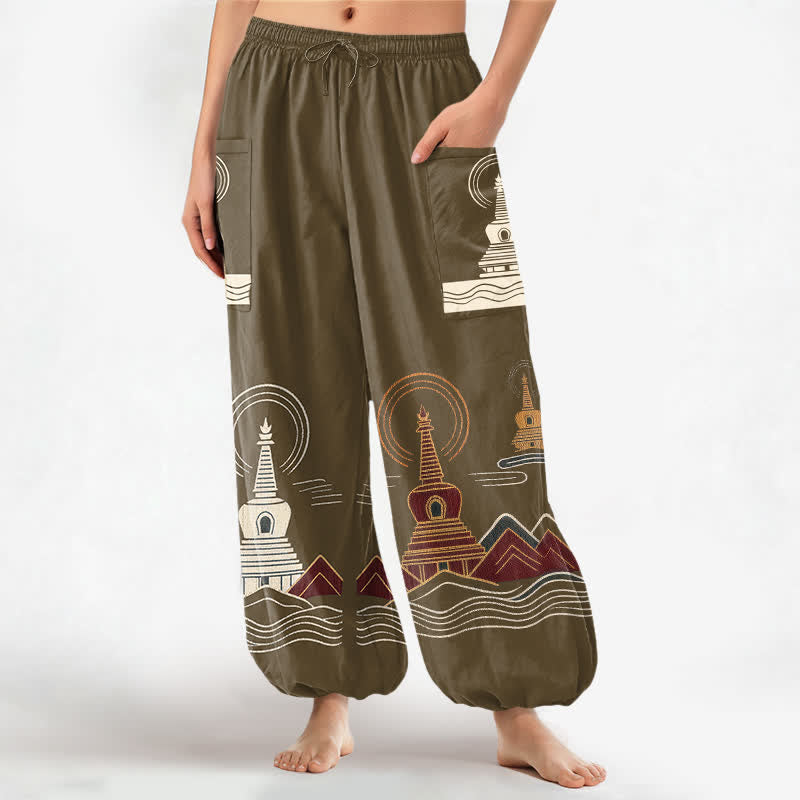 Buddha Stones Baumwoll-Haremshose im Vintage-Pagodenmuster für Damen mit elastischem Bund und Seitentaschen - Olive - US16, UK/AU20, EU48 (3XL) - image 10