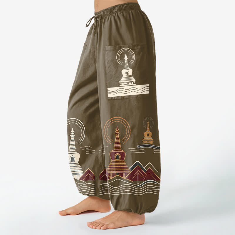 Buddha Stones Baumwoll-Haremshose im Vintage-Pagodenmuster für Damen mit elastischem Bund und Seitentaschen - image 11