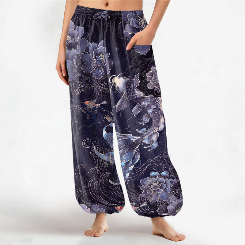 Buddha Stones Baumwoll-Haremshose für Damen mit künstlerischem Koi-Pfingstrosen-Muster, elastischem Bund und Seitentaschen - Indigo - US16, UK/AU20, EU48 (3XL) - image 10