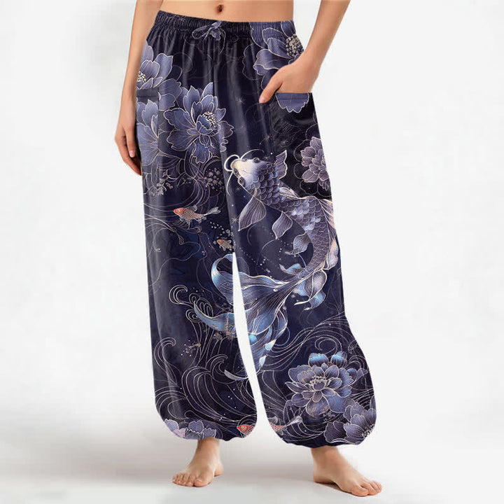 Buddha Stones Baumwoll-Haremshose für Damen mit künstlerischem Koi-Pfingstrosen-Muster, elastischem Bund und Seitentaschen - Indigo - US16, UK/AU20, EU48 (3XL) - image 10