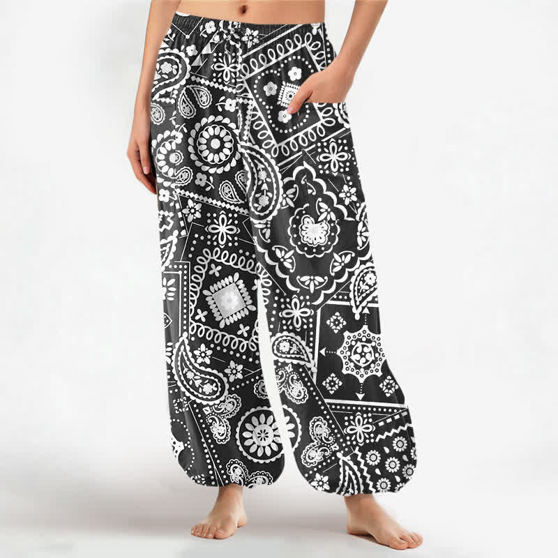 Buddha Stones Baumwoll-Haremshose für Damen mit böhmischem Paisley-Bandana-Muster, elastischem Bund und Seitentaschen - Schwarz - US16, UK/AU20, EU48 (3XL) - image 0