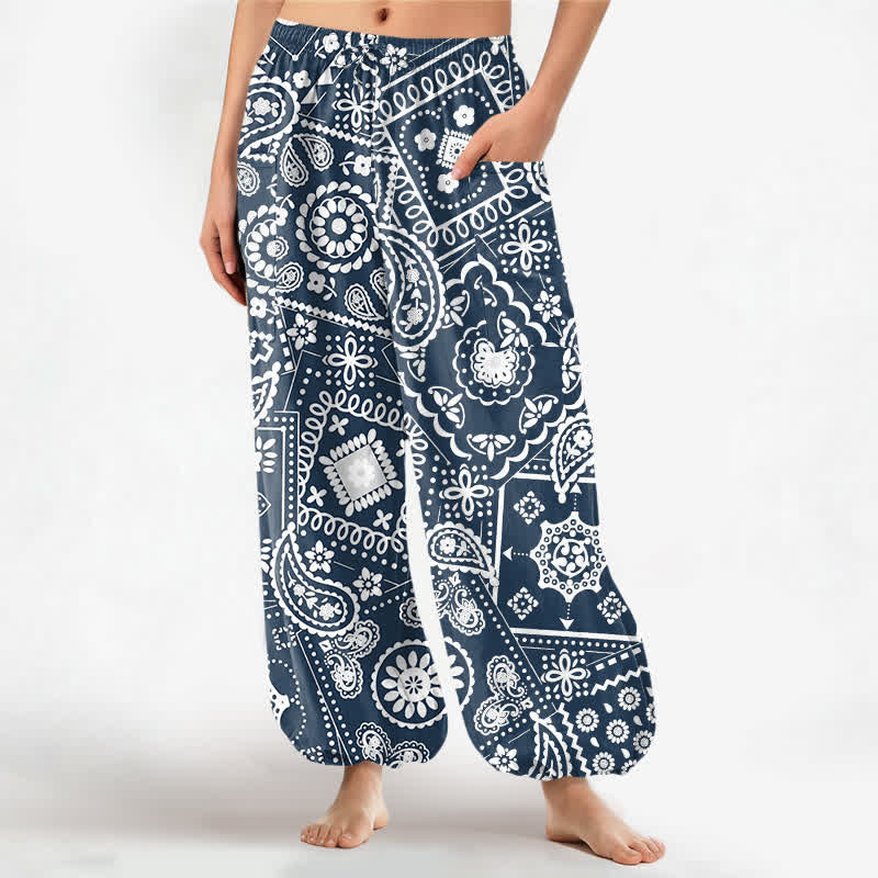 Buddha Stones Baumwoll-Haremshose für Damen mit böhmischem Paisley-Bandana-Muster, elastischem Bund und Seitentaschen - Marine - US16, UK/AU20, EU48 (3XL) - image 7