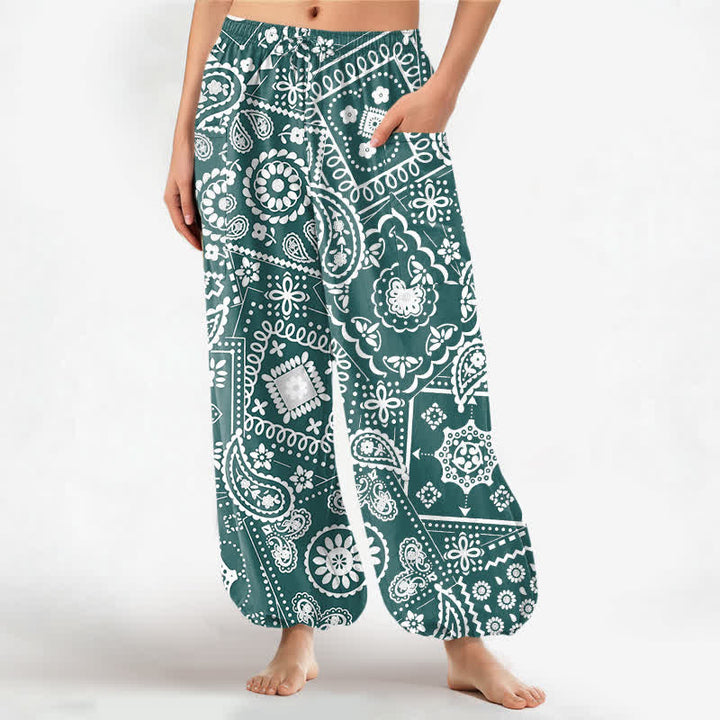 Buddha Stones Baumwoll-Haremshose für Damen mit böhmischem Paisley-Bandana-Muster, elastischem Bund und Seitentaschen - Türkis - US16, UK/AU20, EU48 (3XL) - image 10