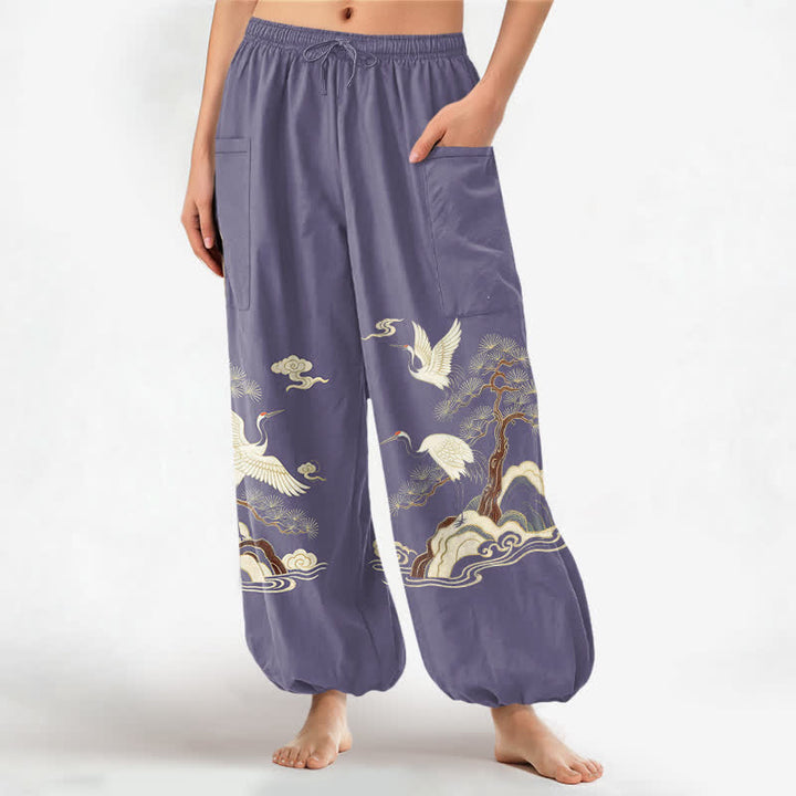Buddha Stones Baumwoll-Haremshose für Damen mit orientalischem Kranich-Kiefern-Muster, elastischem Bund und Seitentaschen - Mittelviolett - US16, UK/AU20, EU48 (3XL) - image 10