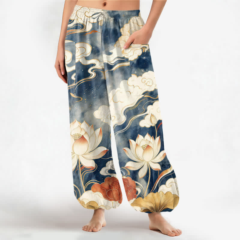 Buddha Stones Baumwoll-Haremshose für Damen mit orientalischem Lotus- und Wolkenmuster, elastischem Bund und Seitentaschen - Marine - US16, UK/AU20, EU48 (3XL) - image 0