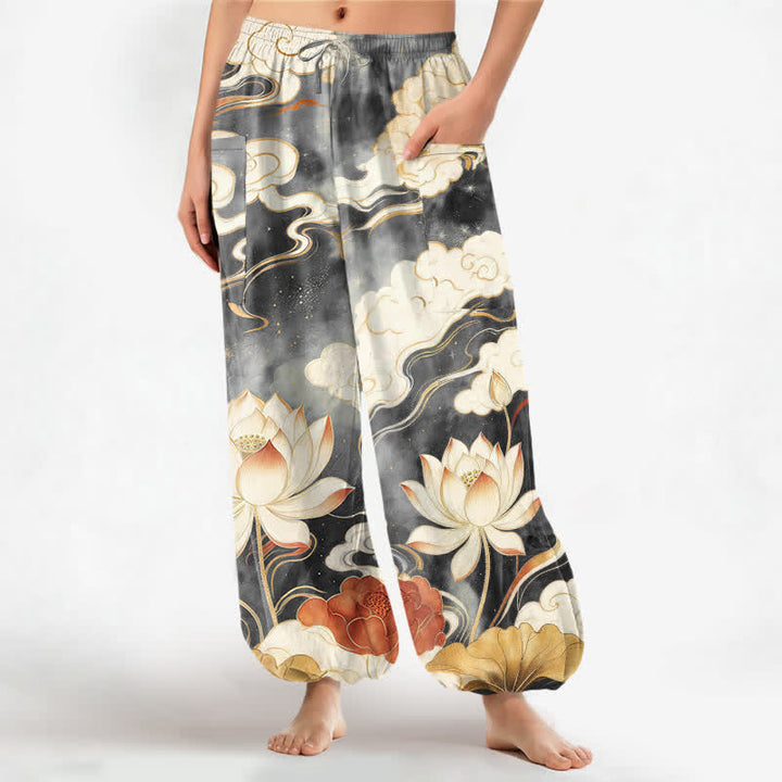 Buddha Stones Baumwoll-Haremshose für Damen mit orientalischem Lotus- und Wolkenmuster, elastischem Bund und Seitentaschen - DimGray - US16, UK/AU20, EU48 (3XL) - image 7