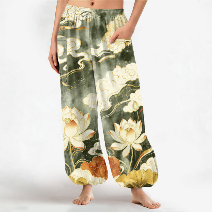 Buddha Stones Baumwoll-Haremshose für Damen mit orientalischem Lotus- und Wolkenmuster, elastischem Bund und Seitentaschen - Dunkelolivgrün - US16, UK/AU20, EU48 (3XL) - image 10