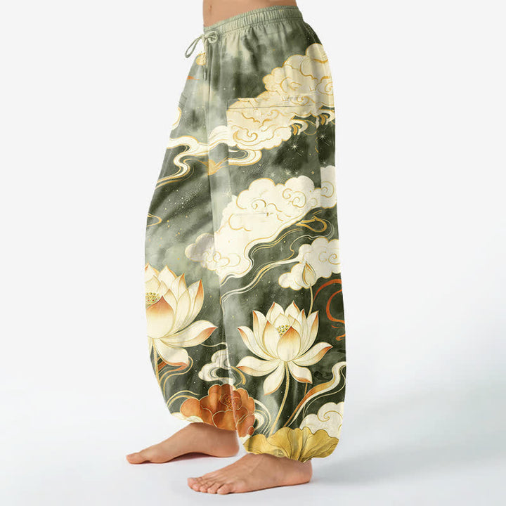 Buddha Stones Baumwoll-Haremshose für Damen mit orientalischem Lotus- und Wolkenmuster, elastischem Bund und Seitentaschen - image 11