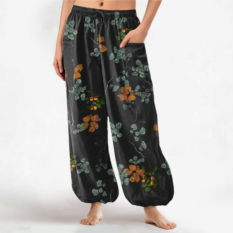 Buddha Stones Baumwoll-Haremshose für Damen mit botanischem Blumenmuster im Bohème-Stil, elastischem Bund und Seitentaschen - Schwarz - US16, UK/AU20, EU48 (3XL) - image 0