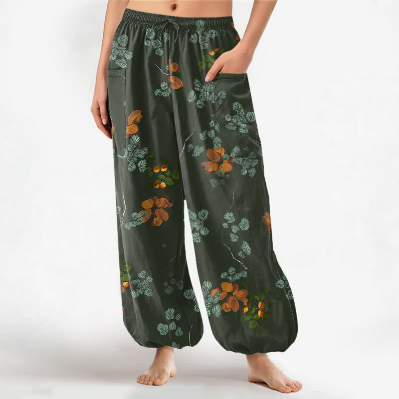 Buddha Stones Baumwoll-Haremshose für Damen mit botanischem Blumenmuster im Bohème-Stil, elastischem Bund und Seitentaschen - Dunkelolivgrün - US16, UK/AU20, EU48 (3XL) - image 7