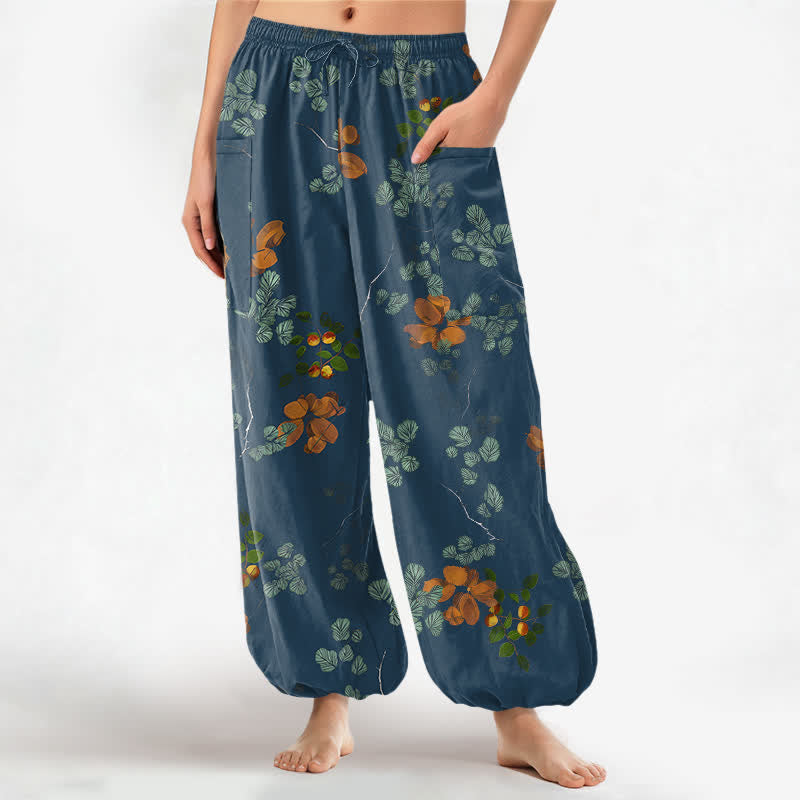 Buddha Stones Baumwoll-Haremshose für Damen mit botanischem Blumenmuster im Bohème-Stil, elastischem Bund und Seitentaschen - SteelBlue - US16, UK/AU20, EU48 (3XL) - image 10