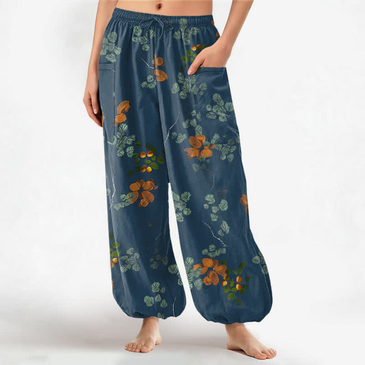 Buddha Stones Baumwoll-Haremshose für Damen mit botanischem Blumenmuster im Bohème-Stil, elastischem Bund und Seitentaschen - SteelBlue - US16, UK/AU20, EU48 (3XL) - image 10