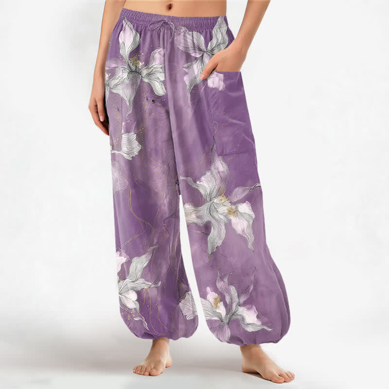 Buddha Stones Baumwoll-Haremshose für Damen mit Vintage-weißem Blumenmuster, elastischem Bund und Seitentaschen - Mittelgroße Orchidee - US16, UK/AU20, EU48 (3XL) - image 0