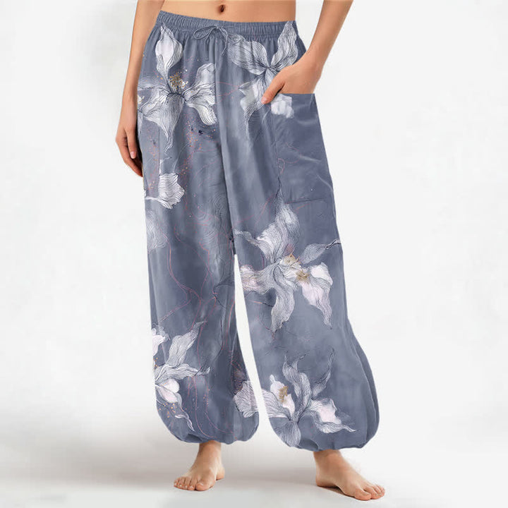 Buddha Stones Baumwoll-Haremshose für Damen mit Vintage-weißem Blumenmuster, elastischem Bund und Seitentaschen - SteelBlue - US16, UK/AU20, EU48 (3XL) - image 7