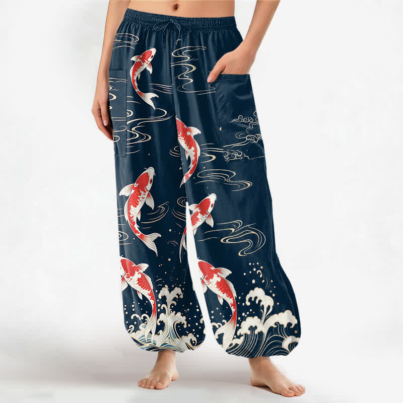 Buddha Stones Damen-Haremshose aus Baumwolle mit Koi-Muster (Ozeanwellen), elastischem Bund und Seitentaschen - Marine - US16, UK/AU20, EU48 (3XL) - image 0