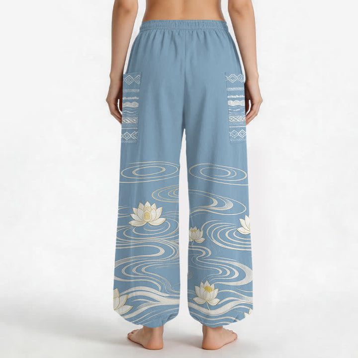 Buddha Stones Haremshose aus Baumwolle mit Lotus-Wellenmuster, elastischem Bund und Seitentaschen - image 2