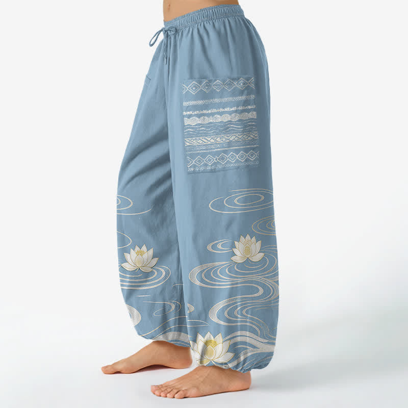 Buddha Stones Haremshose aus Baumwolle mit Lotus-Wellenmuster, elastischem Bund und Seitentaschen - image 1