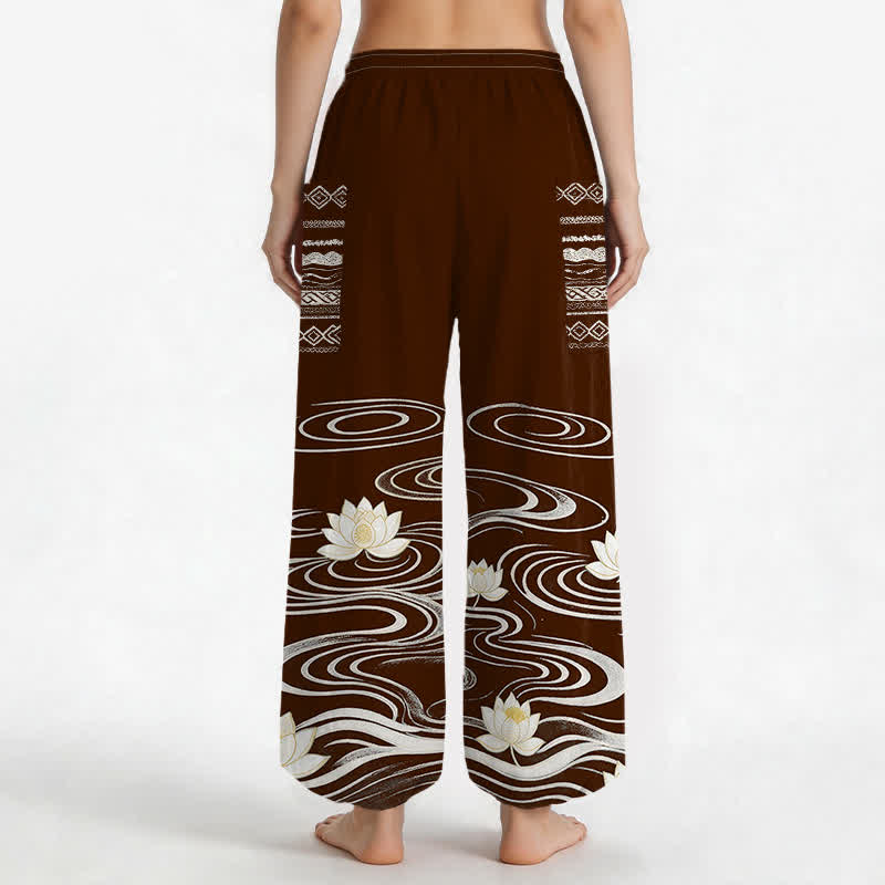 Buddha Stones Haremshose aus Baumwolle mit Lotus-Wellenmuster, elastischem Bund und Seitentaschen - image 9