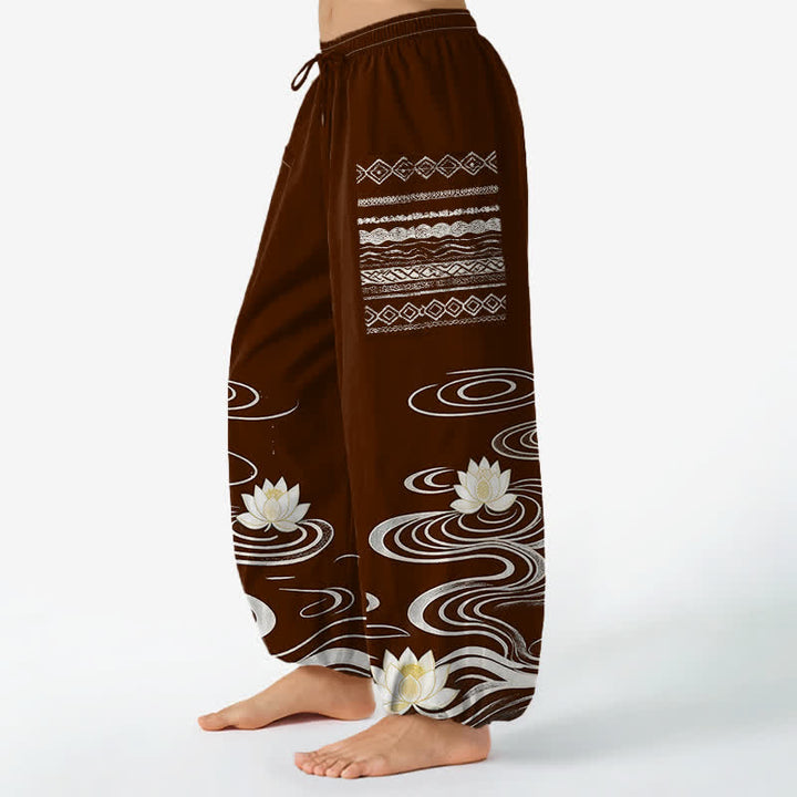 Buddha Stones Haremshose aus Baumwolle mit Lotus-Wellenmuster, elastischem Bund und Seitentaschen - image 8