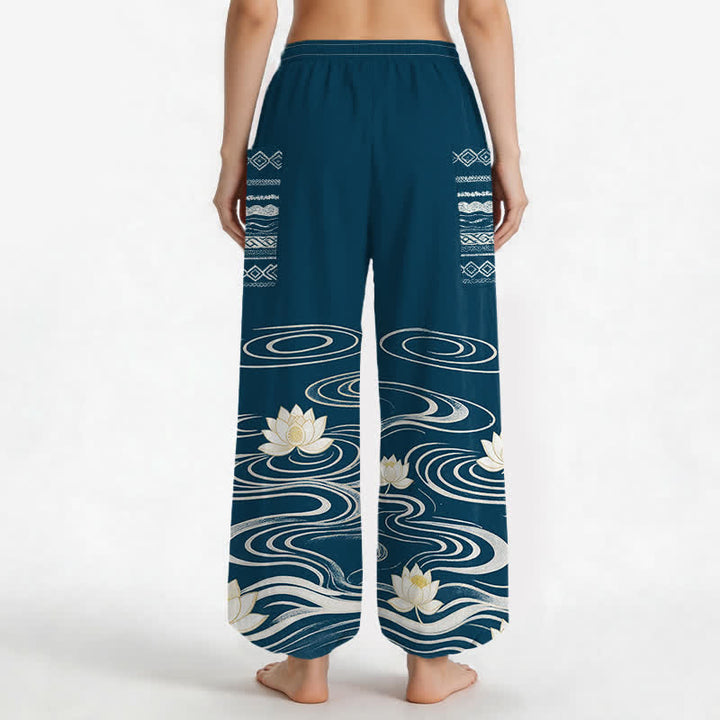 Buddha Stones Haremshose aus Baumwolle mit Lotus-Wellenmuster, elastischem Bund und Seitentaschen - image 12