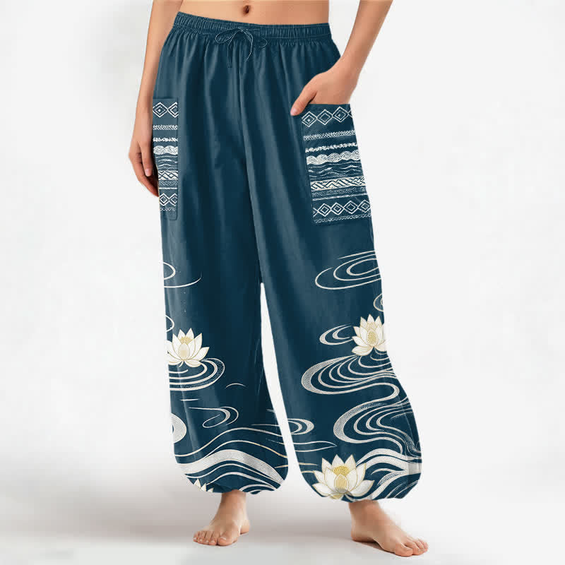 Buddha Stones Haremshose aus Baumwolle mit Lotus-Wellenmuster, elastischem Bund und Seitentaschen - Türkis - US16, UK/AU20, EU48 (3XL) - image 10