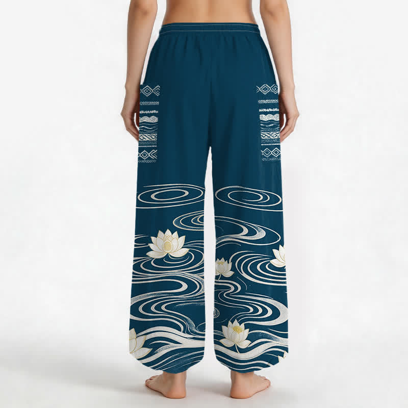 Buddha Stones Haremshose aus Baumwolle mit Lotus-Wellenmuster, elastischem Bund und Seitentaschen - image 12