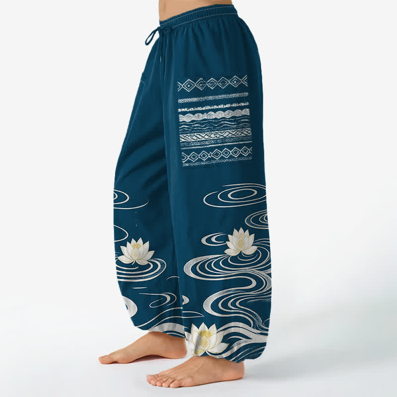 Buddha Stones Haremshose aus Baumwolle mit Lotus-Wellenmuster, elastischem Bund und Seitentaschen - image 11