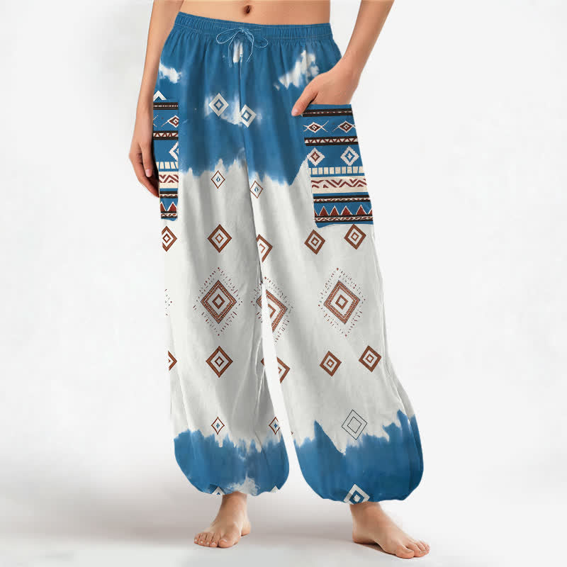 Buddha Stones Baumwoll-Haremshose für Damen mit geometrischem Rautenmuster im Bohème-Stil, elastischem Bund und Seitentaschen - DodgerBlue - US16, UK/AU20, EU48 (3XL) - image 0