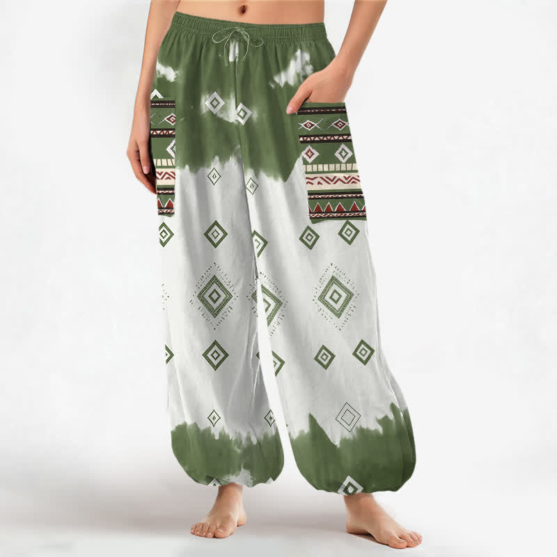 Buddha Stones Baumwoll-Haremshose für Damen mit geometrischem Rautenmuster im Bohème-Stil, elastischem Bund und Seitentaschen - Olivgrün - US16, UK/AU20, EU48 (3XL) - image 7