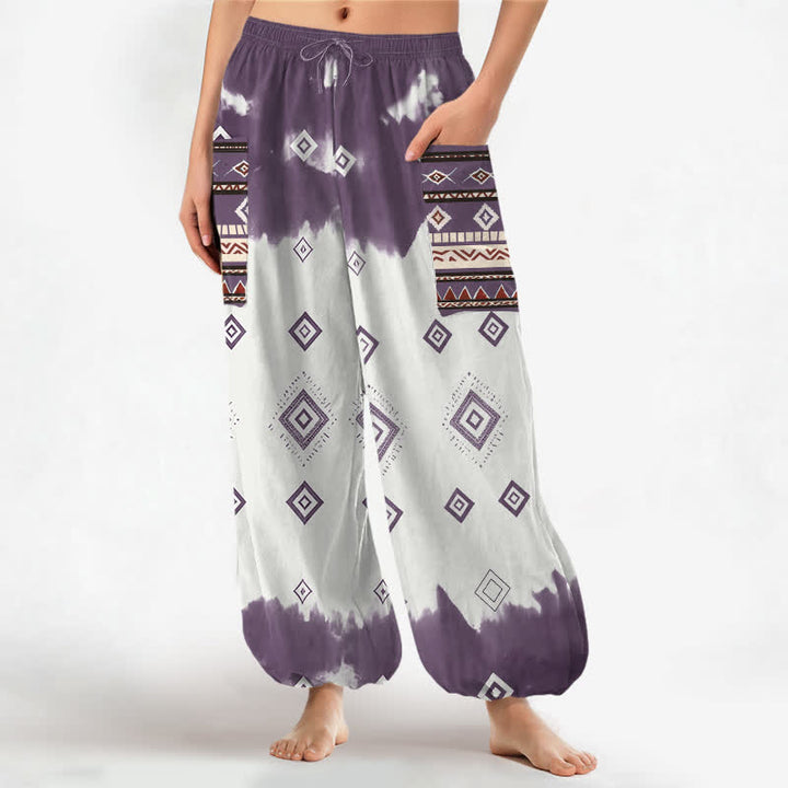 Buddha Stones Baumwoll-Haremshose für Damen mit geometrischem Rautenmuster im Bohème-Stil, elastischem Bund und Seitentaschen - DarkOrchid - US16, UK/AU20, EU48 (3XL) - image 10