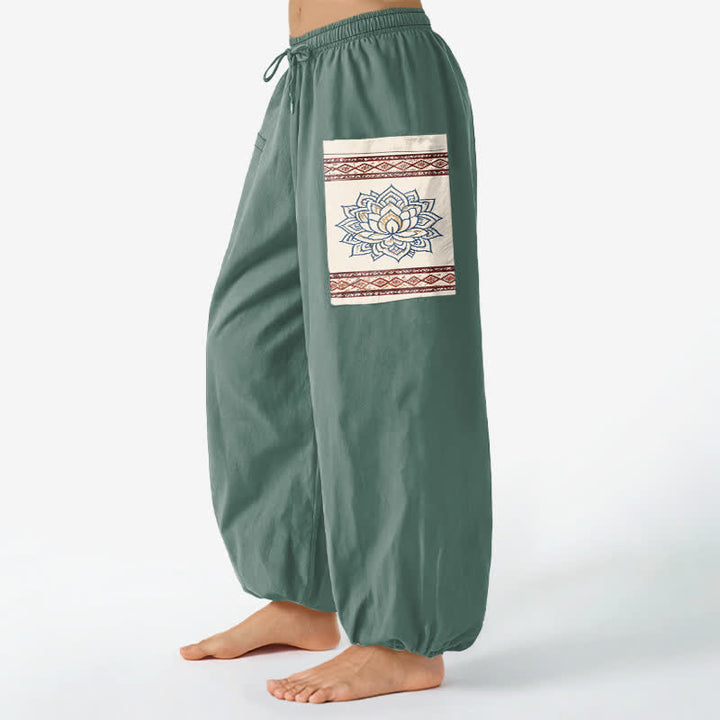 Buddha Stones Baumwoll-Haremshose für Damen mit böhmischem Lotus-Mandala-Muster, elastischem Bund und Seitentaschen - image 8