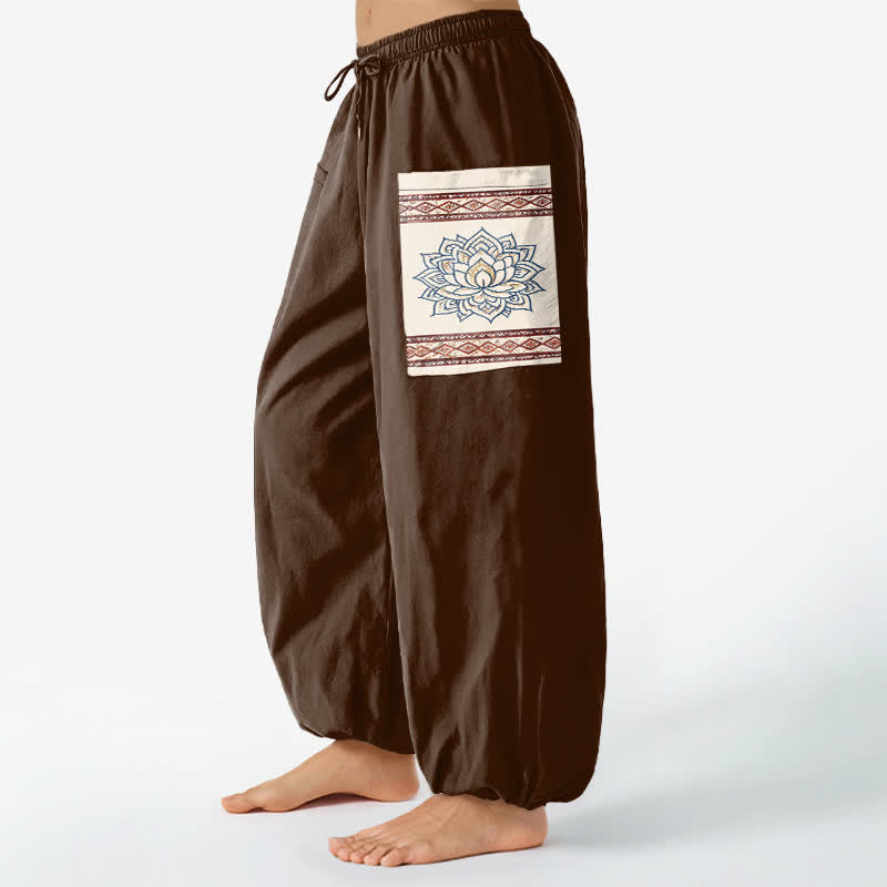 Buddha Stones Baumwoll-Haremshose für Damen mit böhmischem Lotus-Mandala-Muster, elastischem Bund und Seitentaschen - image 11