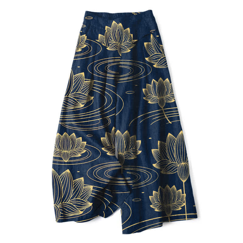 Buddha Stones Baumwoll-Leinen-Hose mit Lotus-Wellenmuster, elastischem Bund, weitem Bein und Taschen - Marine - US16, UK/AU20, EU48 (3XL) - image 0