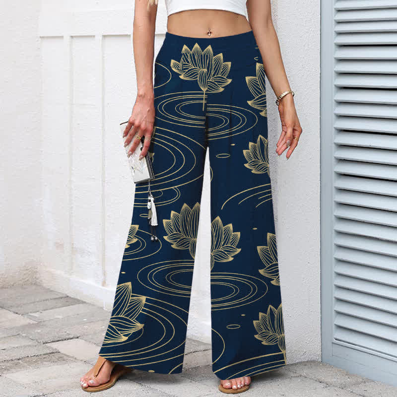Buddha Stones Baumwoll-Leinen-Hose mit Lotus-Wellenmuster, elastischem Bund, weitem Bein und Taschen - image 1