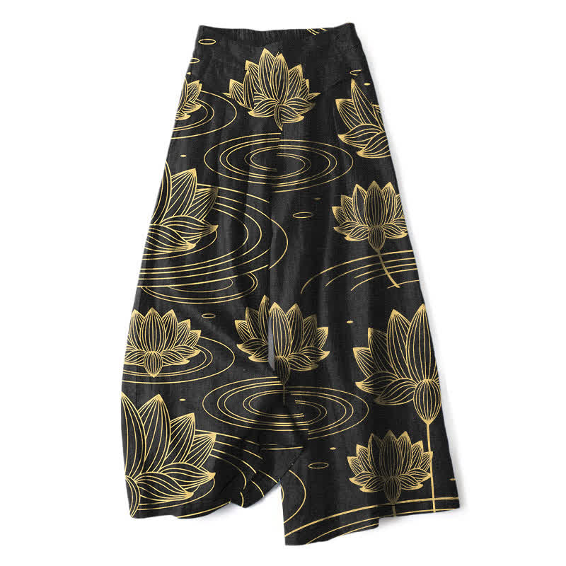 Buddha Stones Baumwoll-Leinen-Hose mit Lotus-Wellenmuster, elastischem Bund, weitem Bein und Taschen - Schwarz - US16, UK/AU20, EU48 (3XL) - image 4