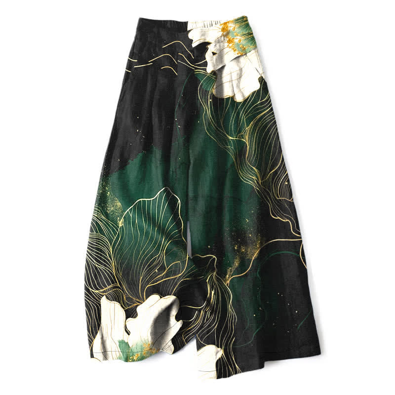 Buddha Stones Baumwoll-Leinen-Hose mit künstlerischem weißen Blumenmuster, elastischem Bund, weitem Bein und Taschen - Waldgrün - US16, UK/AU20, EU48 (3XL) - image 0