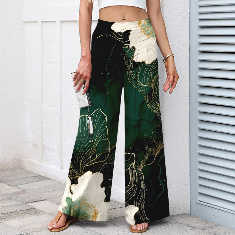 Buddha Stones Baumwoll-Leinen-Hose mit künstlerischem weißen Blumenmuster, elastischem Bund, weitem Bein und Taschen - image 1
